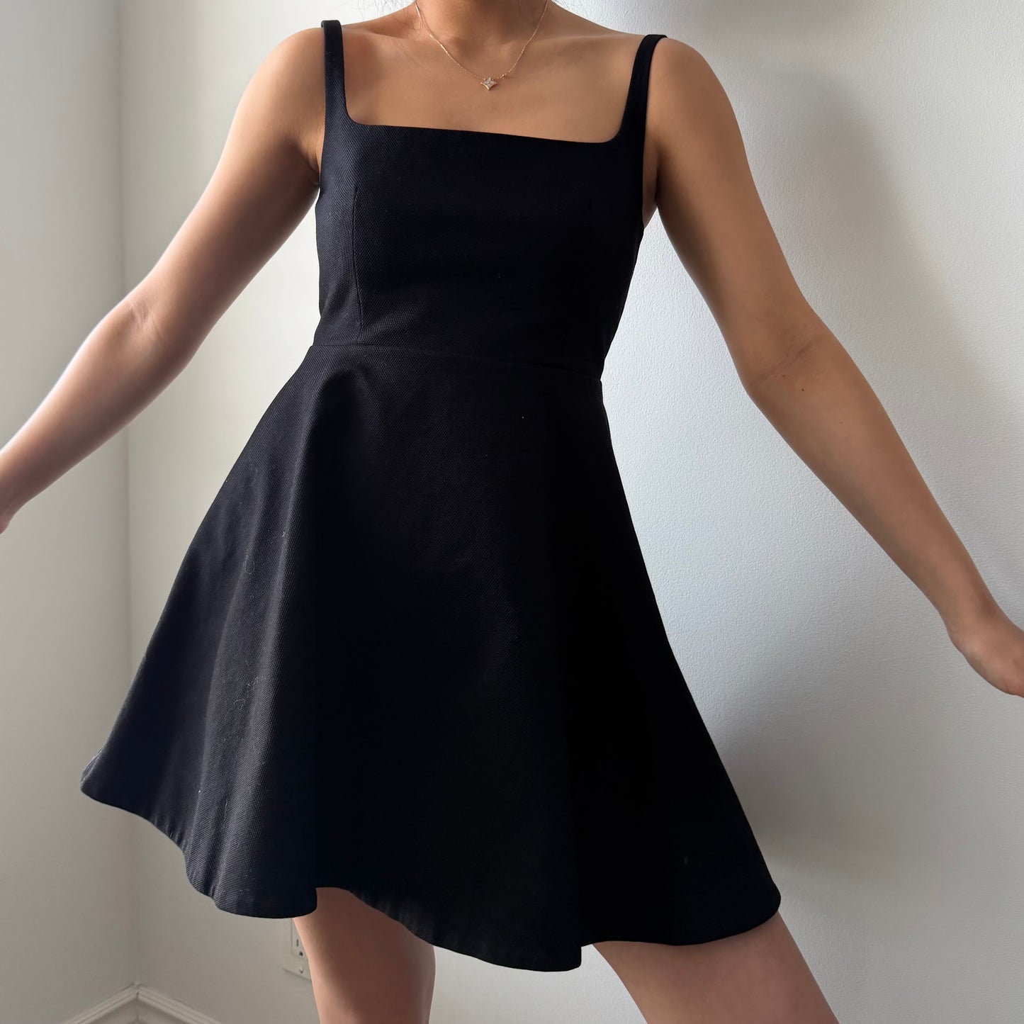Theory Black Flared Mini Dress in Cotton Piqué - X-Small
