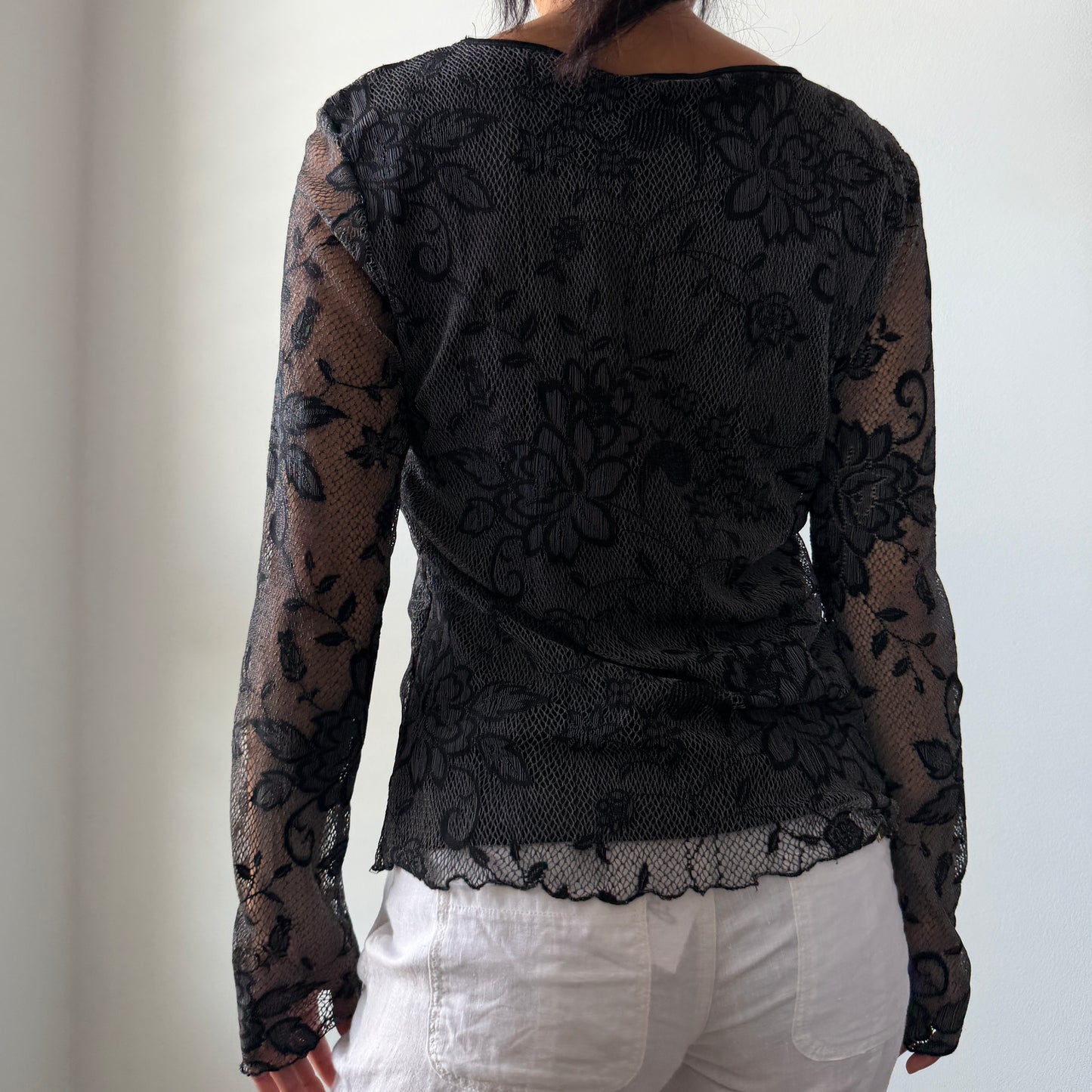 90s Made in Canada Papillon Blanc Black Floral Lace Long Sleeve Mesh Top - Medium