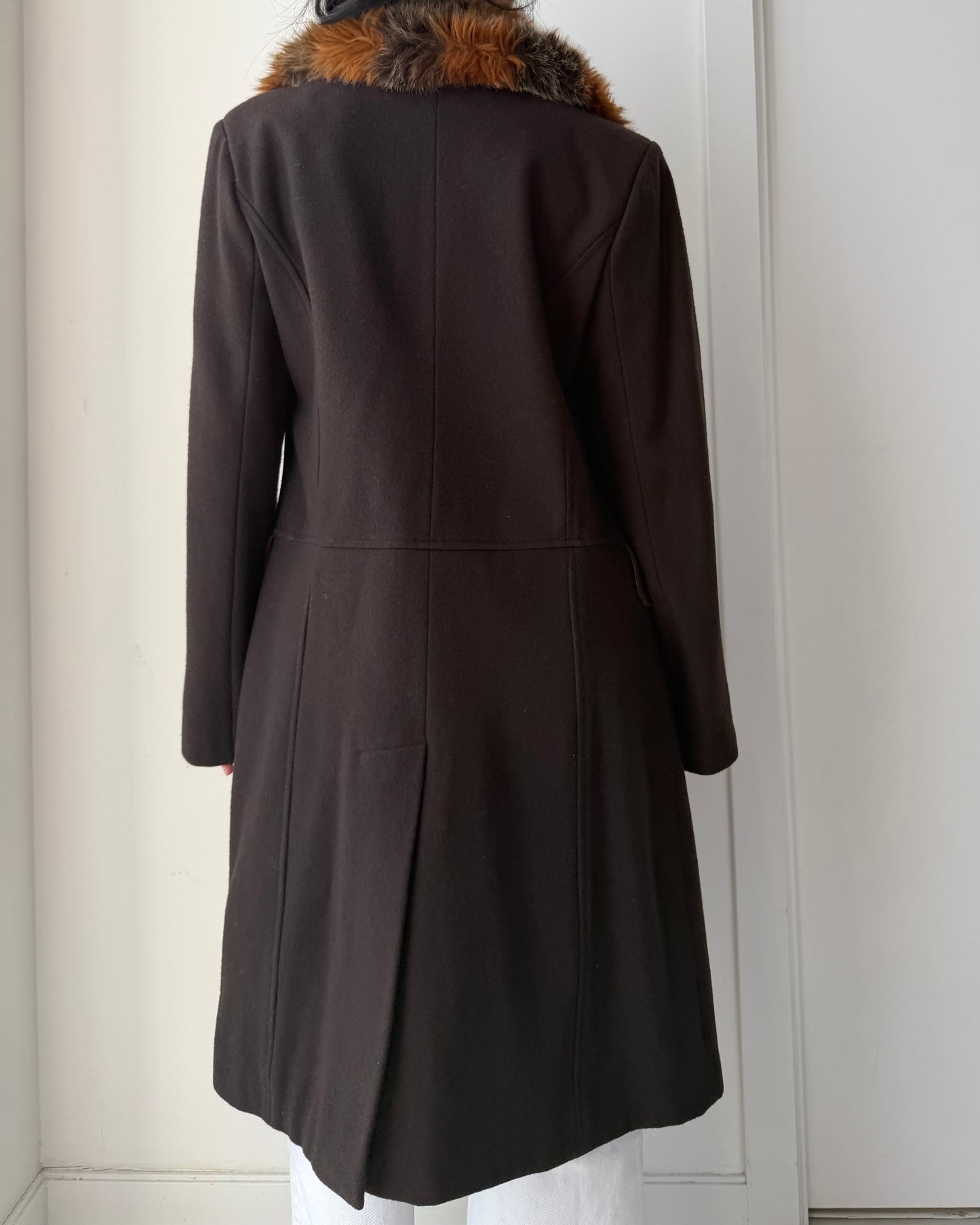 Morgan de Toi Brown Double Breasted Wool Coat with Faux Fur Trim - Medium