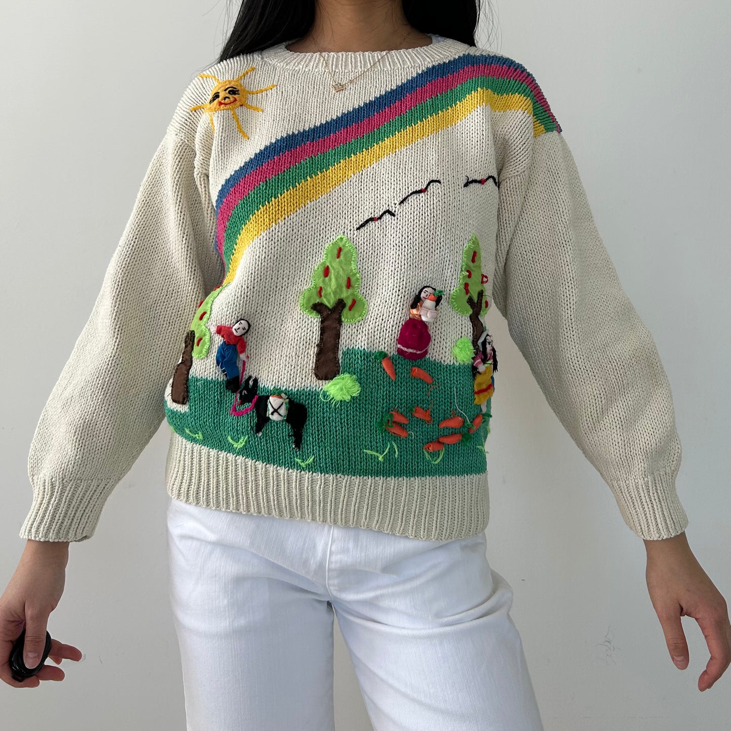 Vintage 1980s Cream Hand-Knit Peruvian Arpillera Folk Sweater - Medium