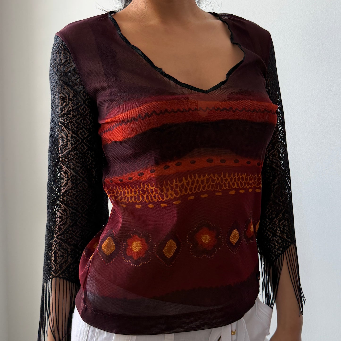 Parasuco Burgundy and Black Fringe Sleeve Mesh Top - Medium