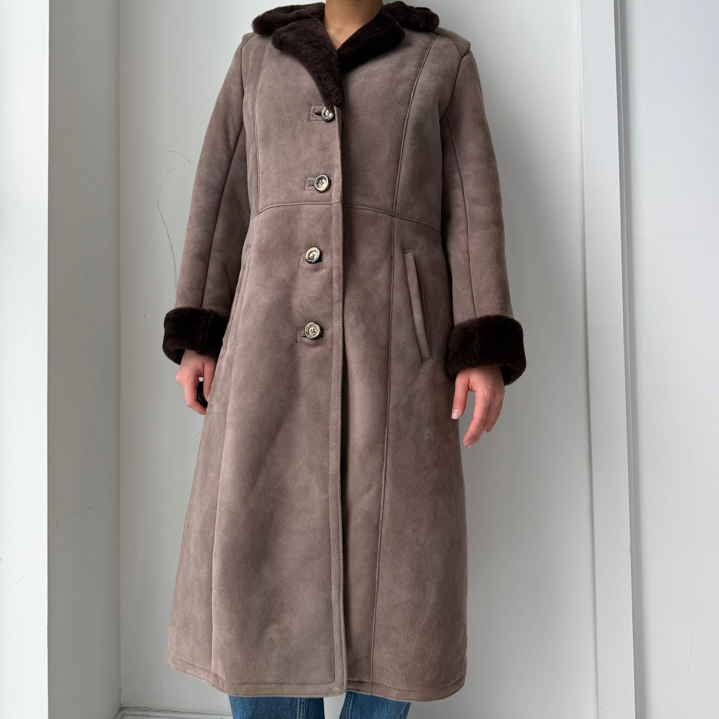 Vintage Made in Canada Brown Suede Leather Shearling Trim Coat - Small