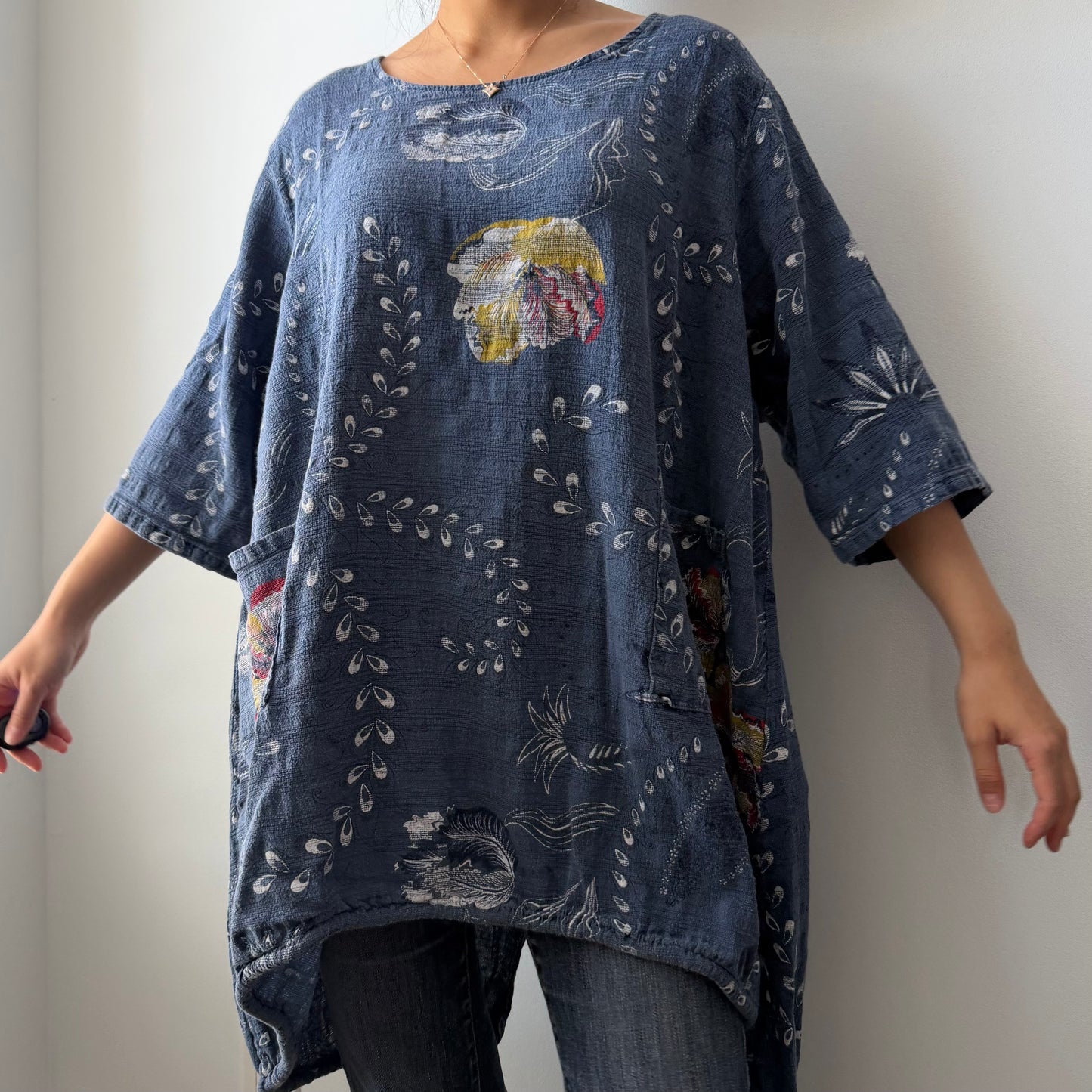 Made in Italy Blue Short Sleeve Floral Tunic - X-Large