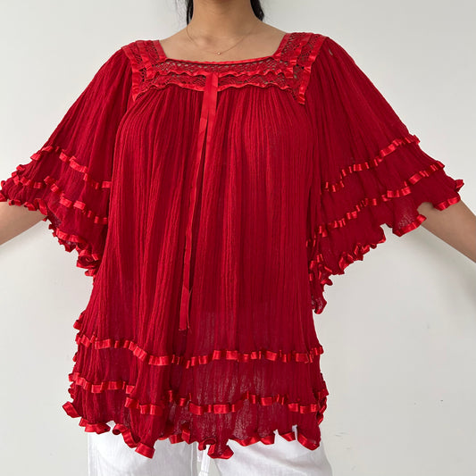 Red Ruffle Babydoll Blouse - X-Large