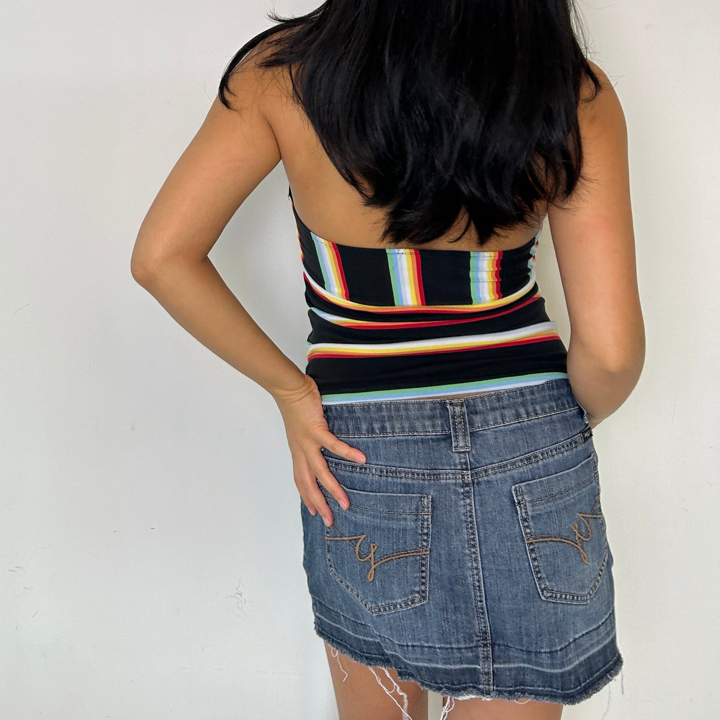 Black and Rainbow Striped Backless Halter Top - Small