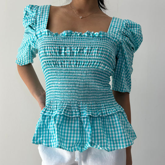 Amanda Uprichard Teal Gingham Smock Top - Large