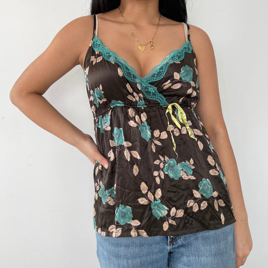 2000s H&M Blue and Brown Floral Silk Cami - Medium