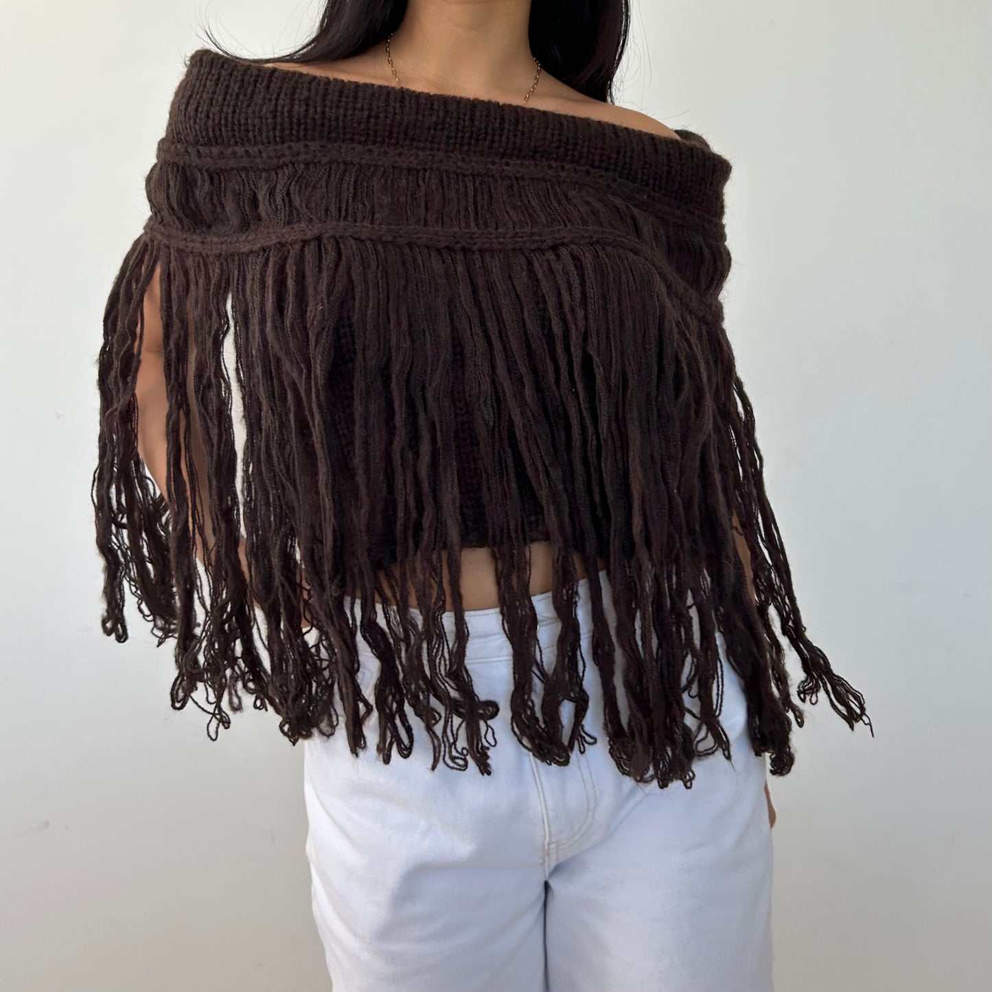 BNWT Imperial Brown Mohair-Wool Blend Fringe Off-Shoulder Top - Small