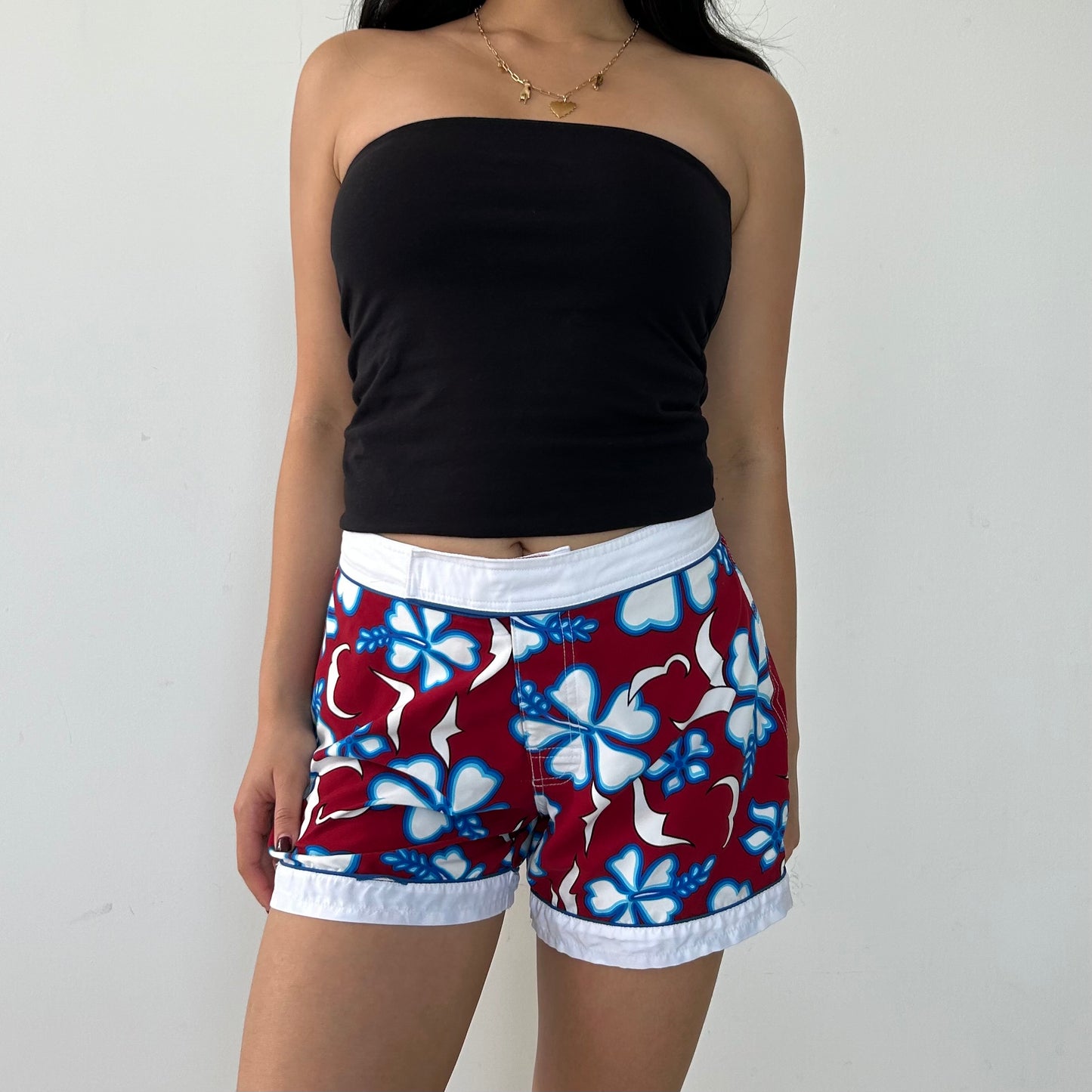 Vintage Garage Burgundy Hibiscus Print Swim Shorts - W26