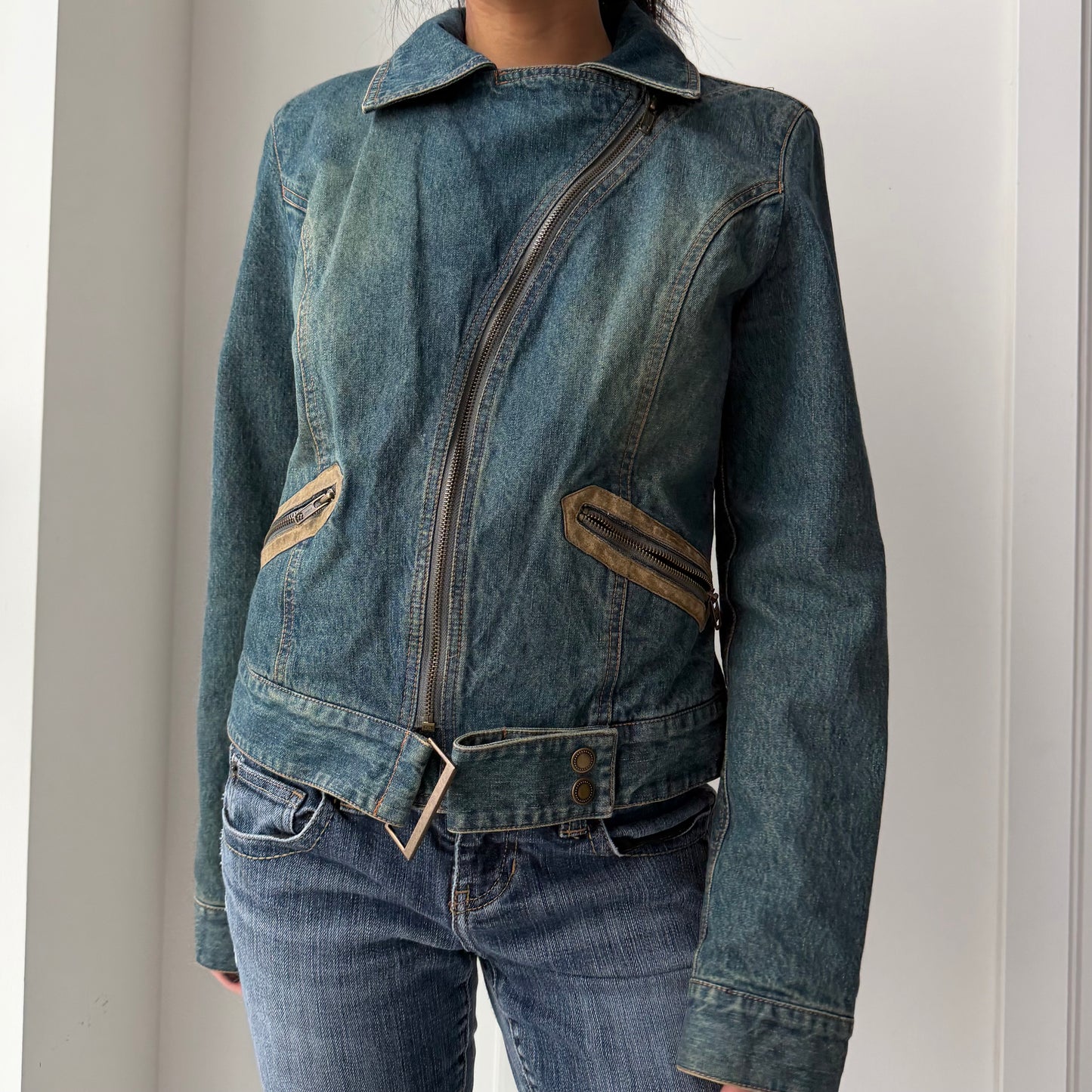 Old Label Nine West Leather-Panel Denim Biker Jacket - Medium