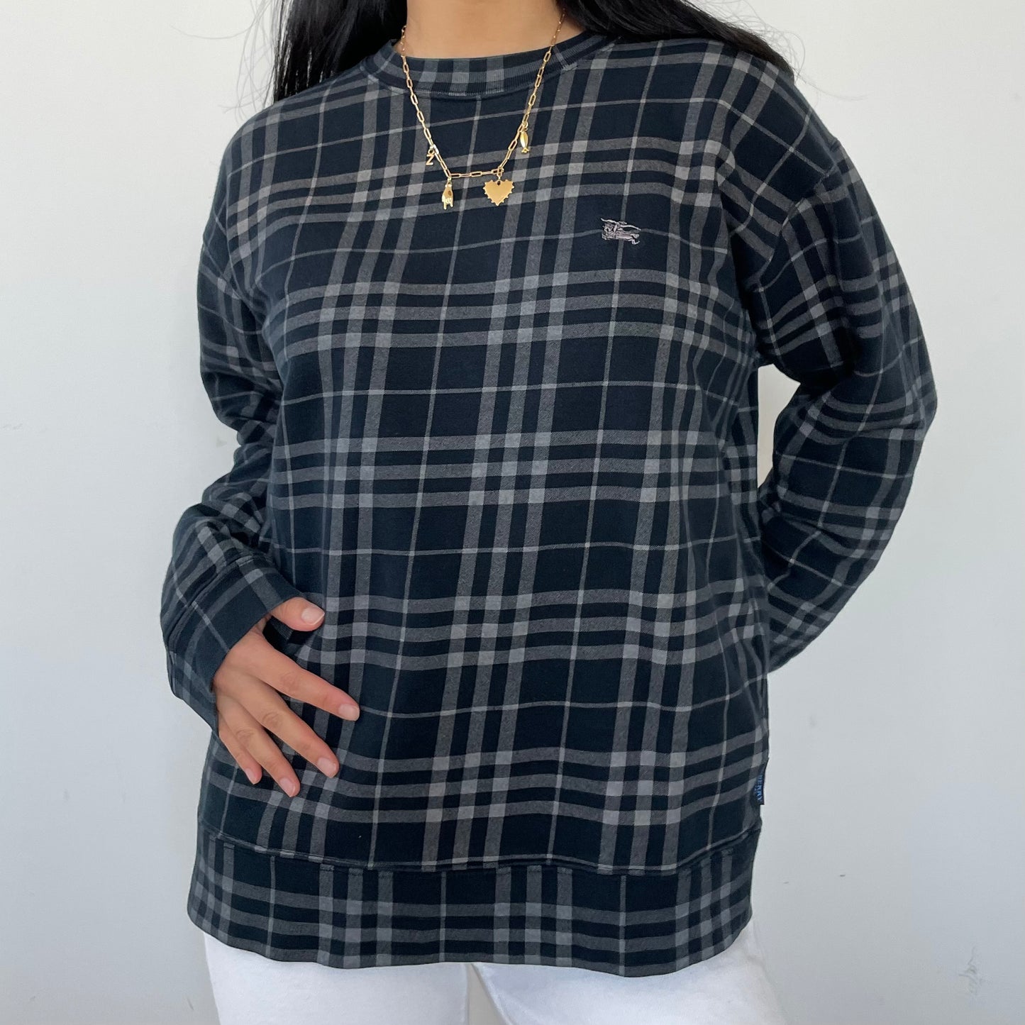 Burberry Navy Blue Nova Check Crewneck Sweatshirt - Large