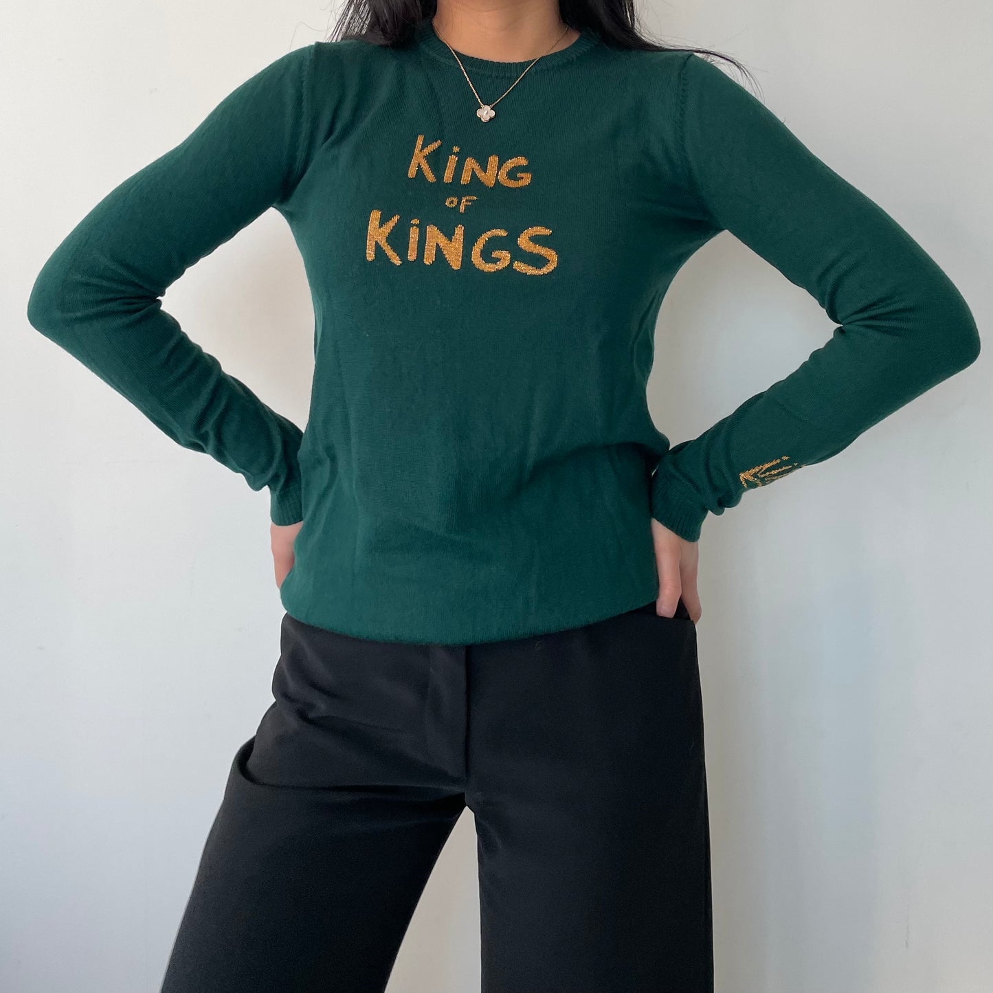 Bella Freud Green Crewneck 'King of Kings' Wool Jumper - Small