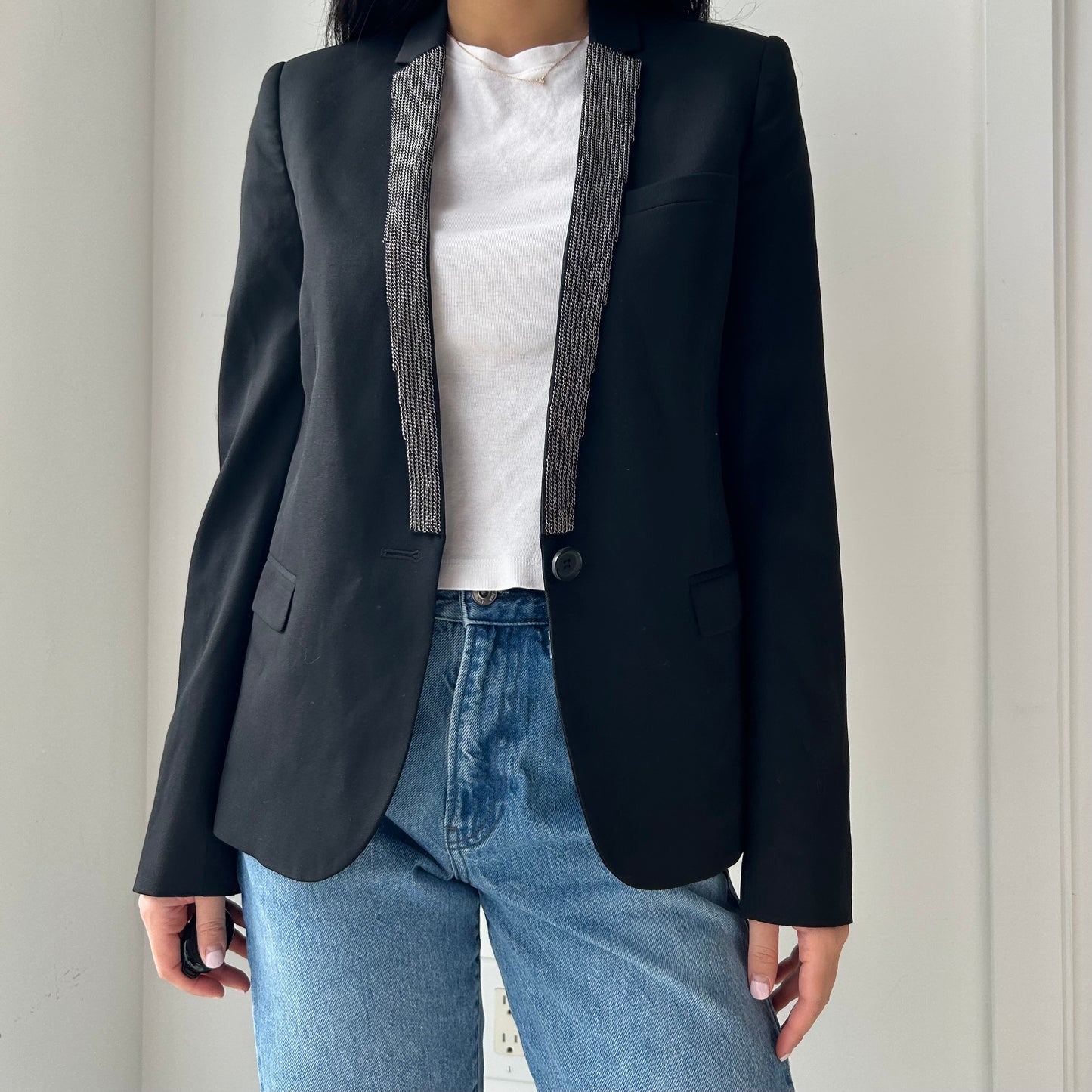 The Kooples Black Chainmail Embellished Wool Lapel Blazer - X-Small