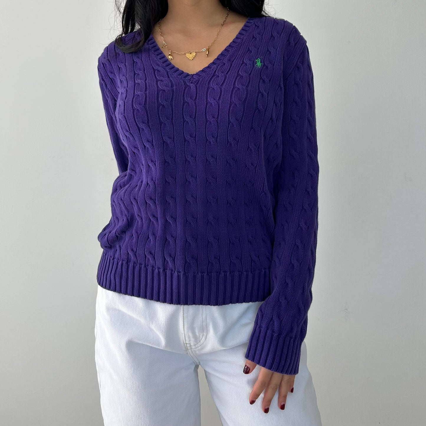 Ralph Lauren Sport Purple V-Neck Cable Knit Jumper - X-Large