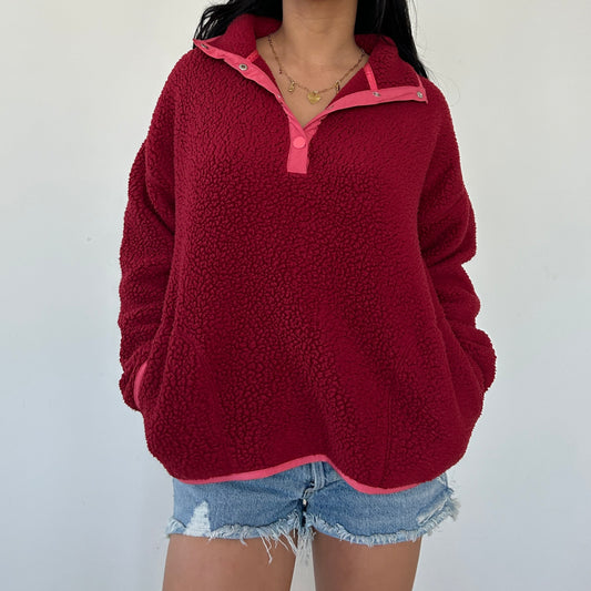 J. Crew Raspberry Red Sherpa Fleece Half-Snap Pullover - Small