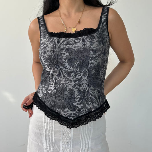 Vintage Made in Canada Black and Silver Brocade Corset Top - Small