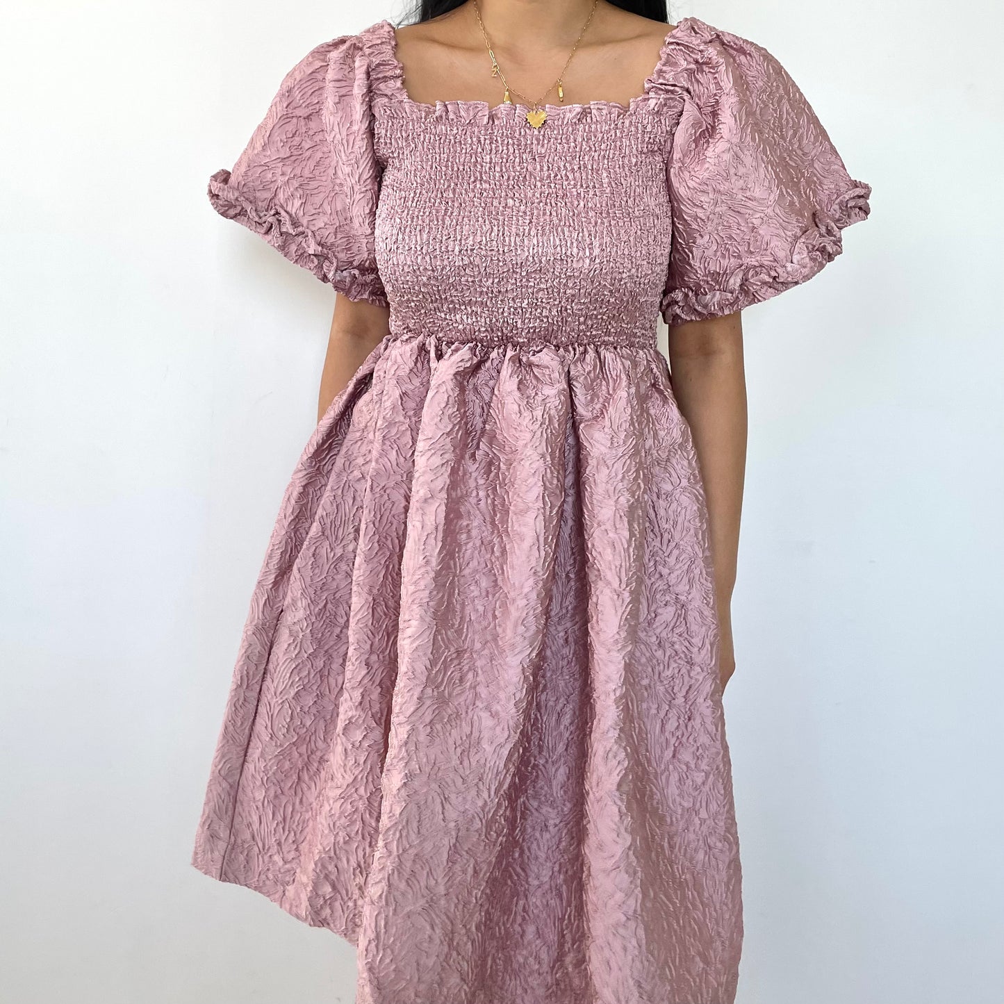 Sister Jane Pink Jacquard Puff Sleeve Mini Dress - X-Small