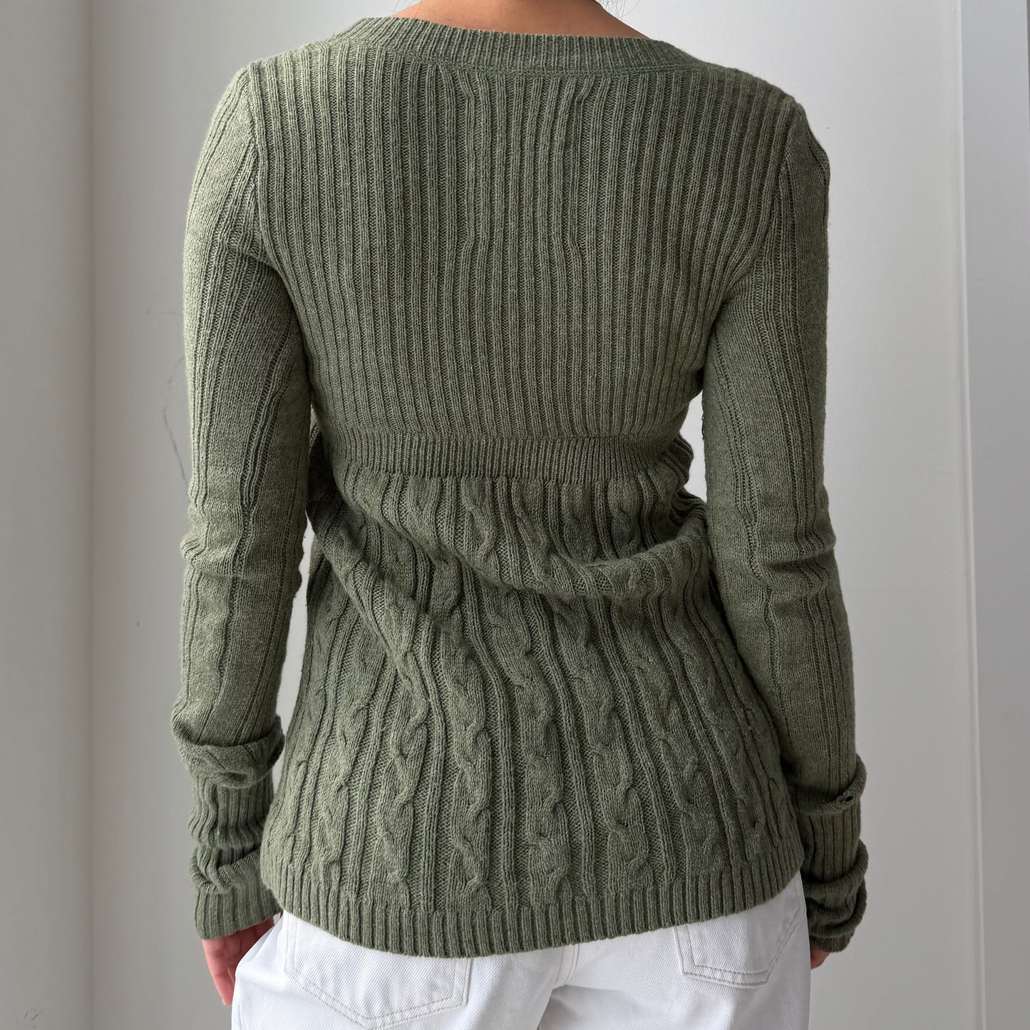 Early 2000s Hollister Olive Rabbit Hair Blend Cable Knit V-Neck Babydoll Sweater - X-Small