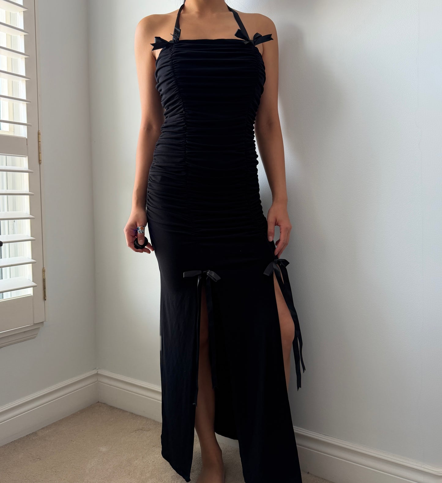 90s Made in Canada Fairweather Black Bow-Detail Halter Maxi Dress - X-Small