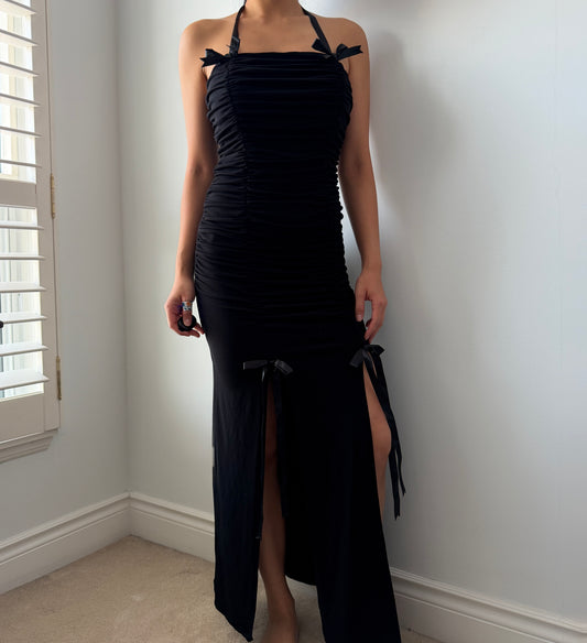 90s Made in Canada Fairweather Black Bow-Detail Halter Maxi Dress - X-Small