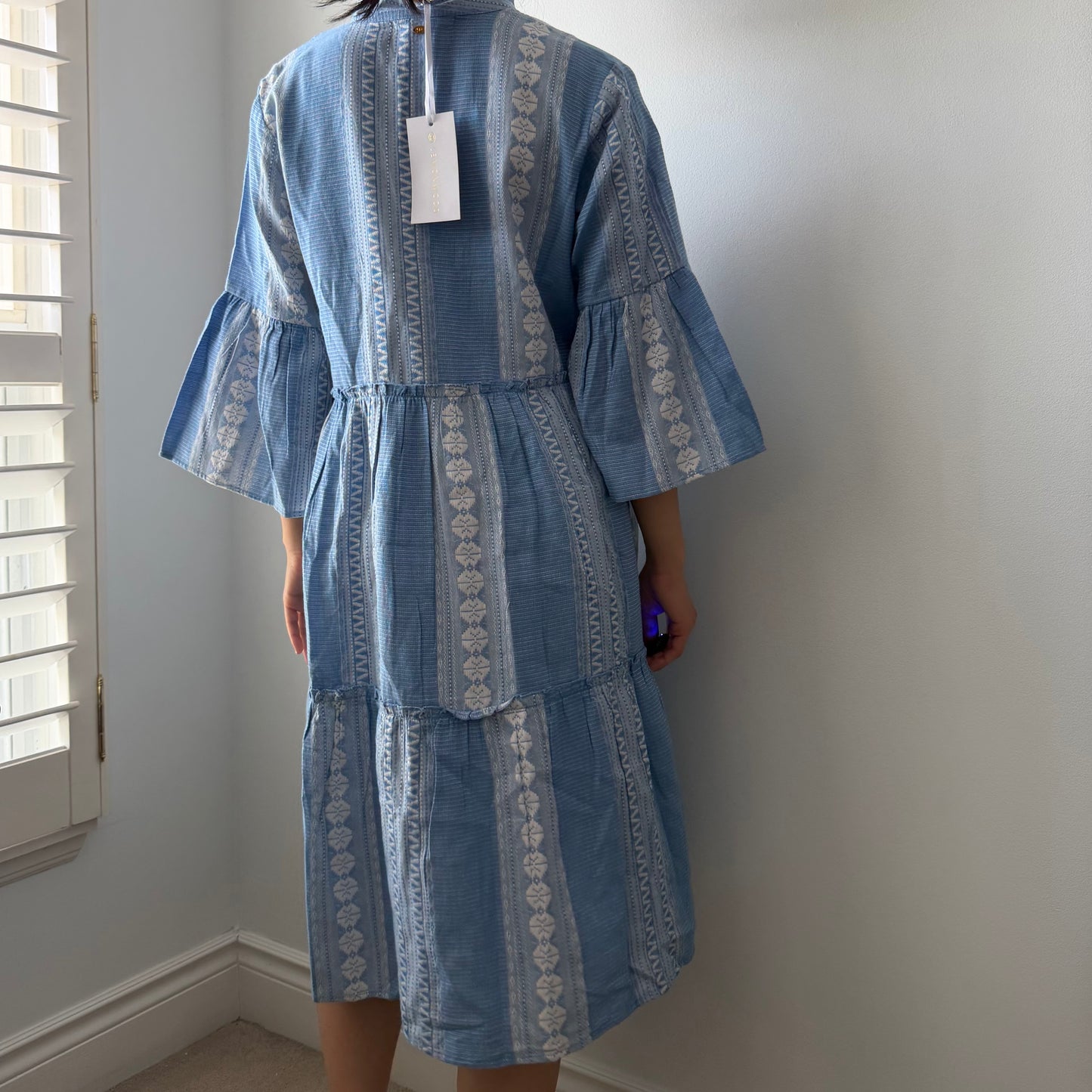 Lemonwood Blue and White Long Sleeve Tiered Dress - Small