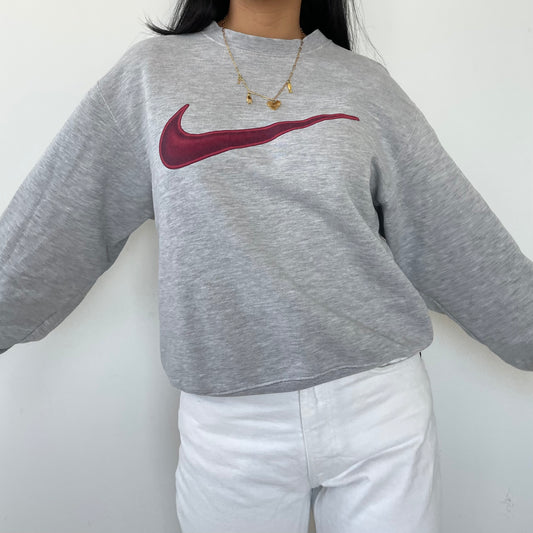 Vintage 90s Nike Grey Crewneck Sweatshirt Burgundy Swoosh - Small