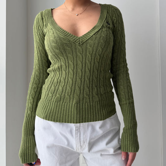 Early 2000s Abercrombie Green Rabbit Hair Blend V-Neck Cable Knit Jumper - X-Small
