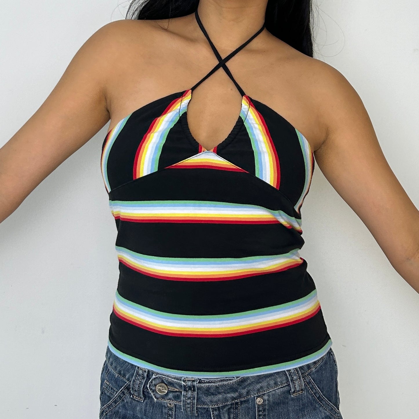 Black and Rainbow Striped Backless Halter Top - Small