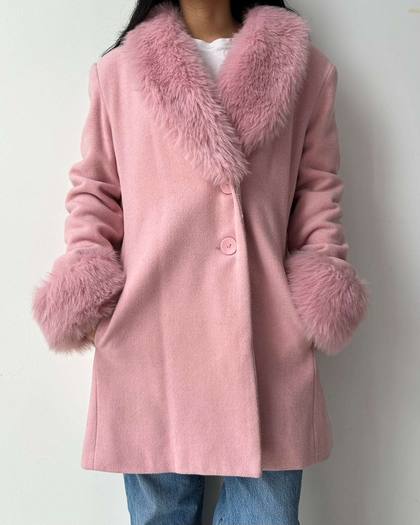Fairweather Pink Faux Fur Trim Wool and Cashmere Coat - Large