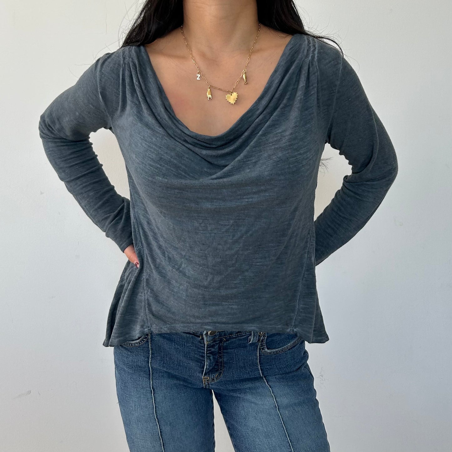 Buffalo by David Bitton Washed Blue Long Sleeve Cowl Neck Top - Medium