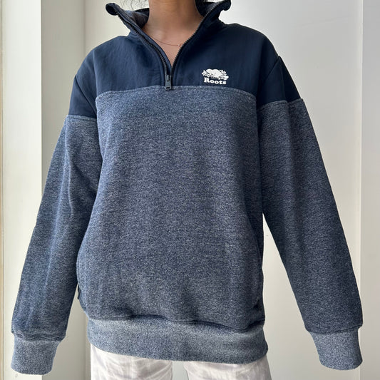 Roots Navy and Heather Quarter Zip Sweatshirt - Medium