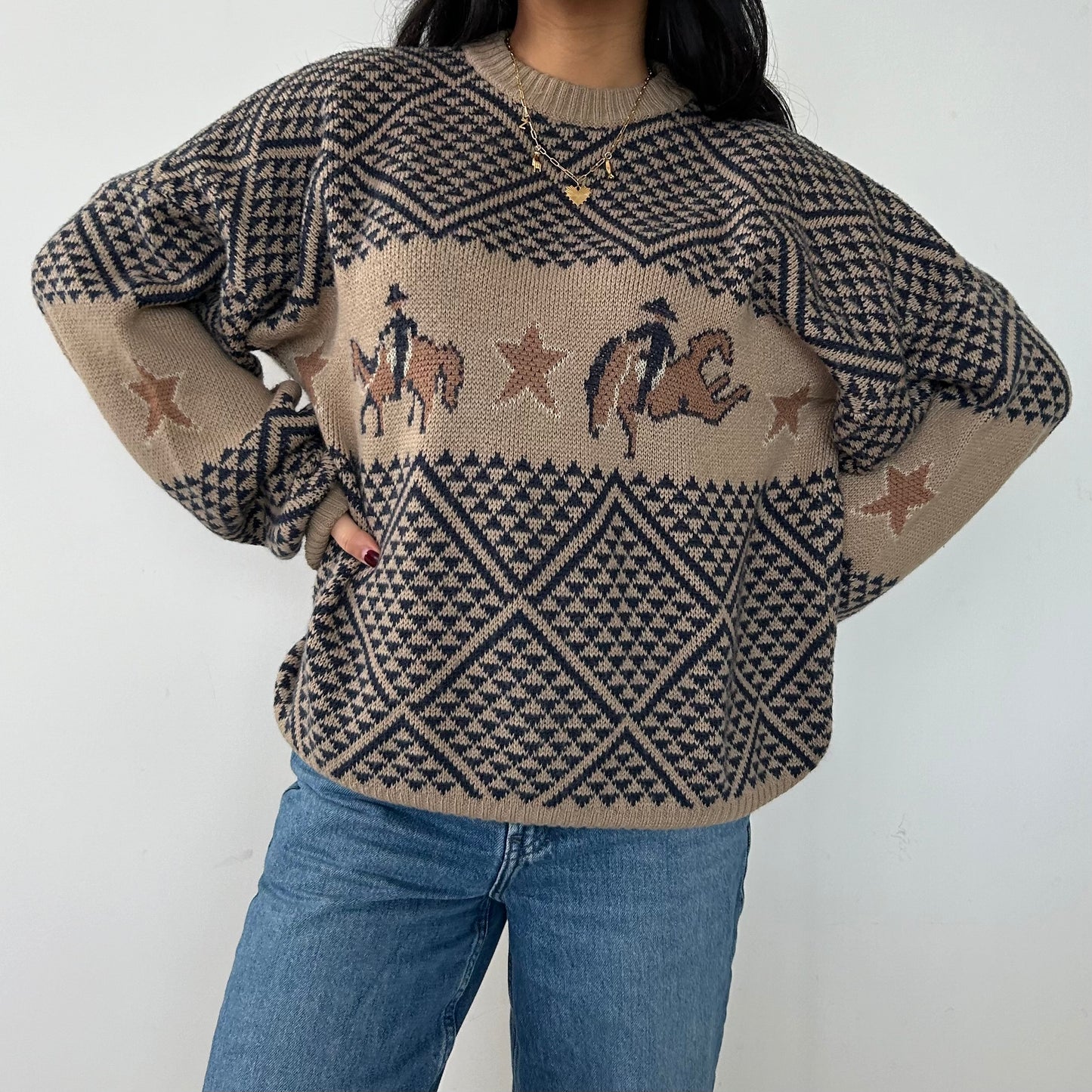 Brown Cowichan Style Crewneck Knit Jumper - Large