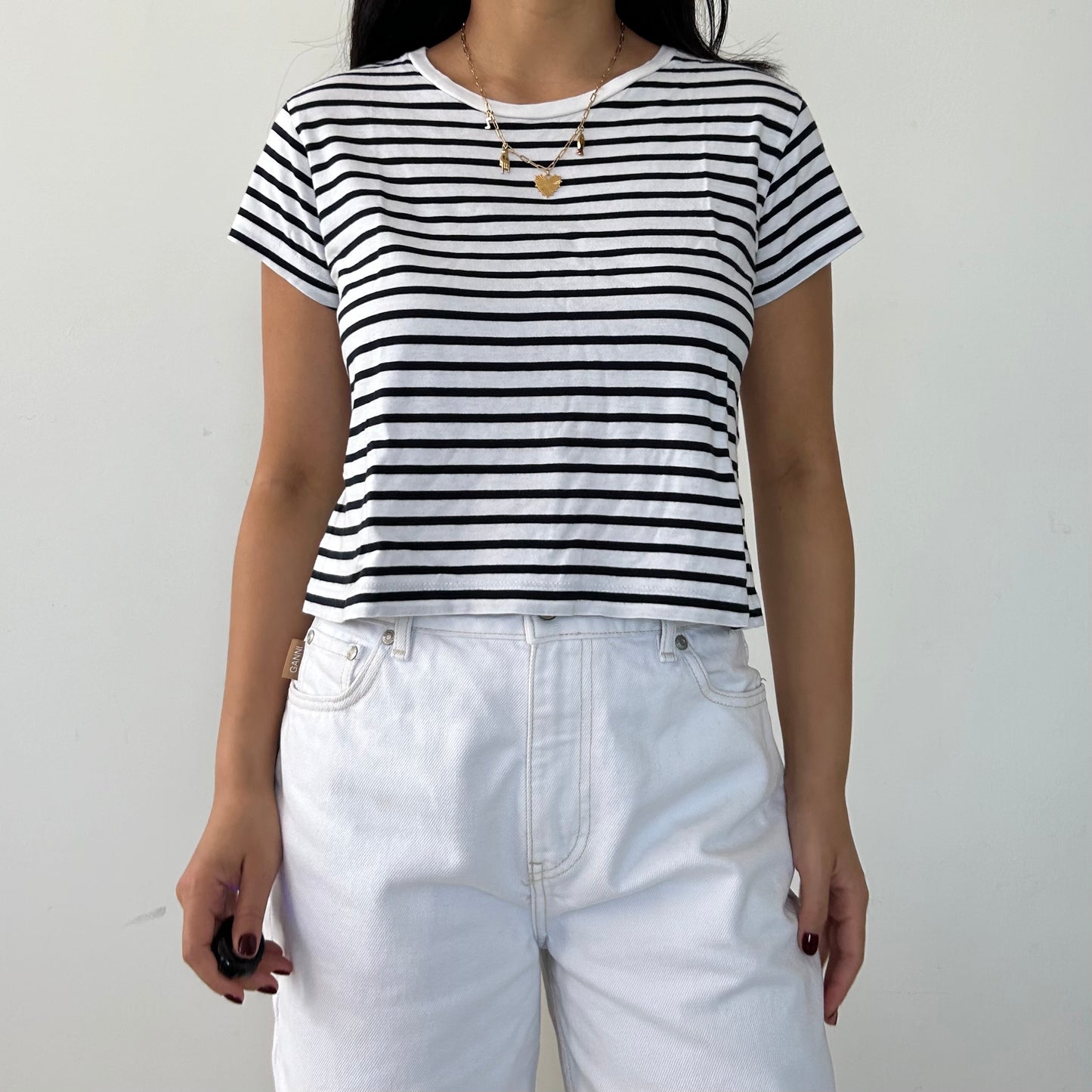 Navy and White Striped Cropped Tee - X-Small