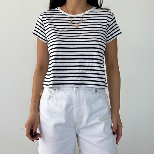 Navy and White Striped Cropped Tee - X-Small