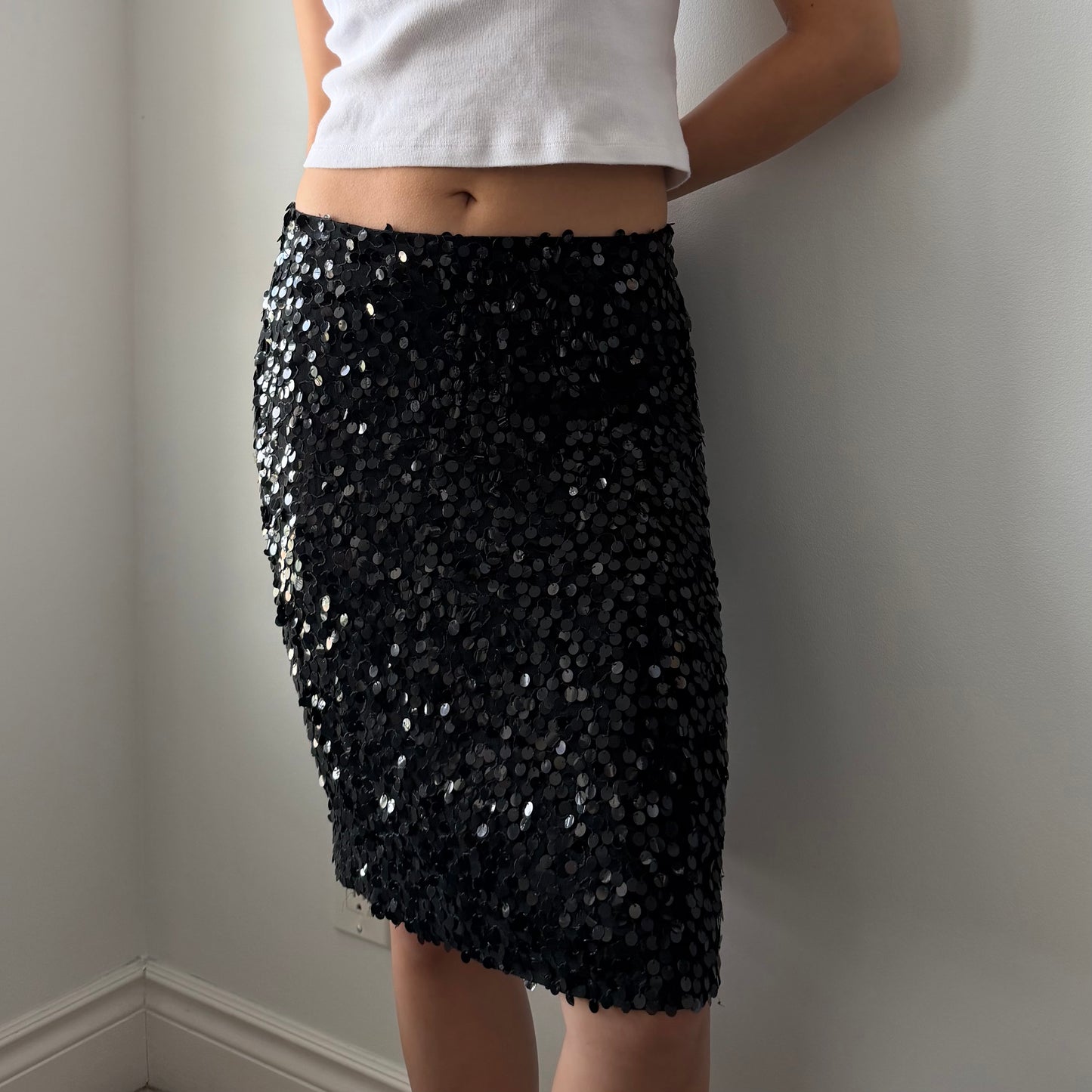 Catherine Curtis Made in Canada Black Sequin Silk Skirt - Medium