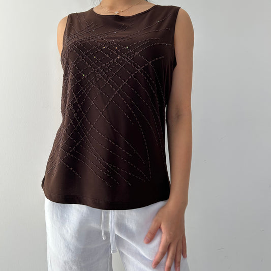 Vintage Made in USA Chocolate Brown Embellished Tank - Large