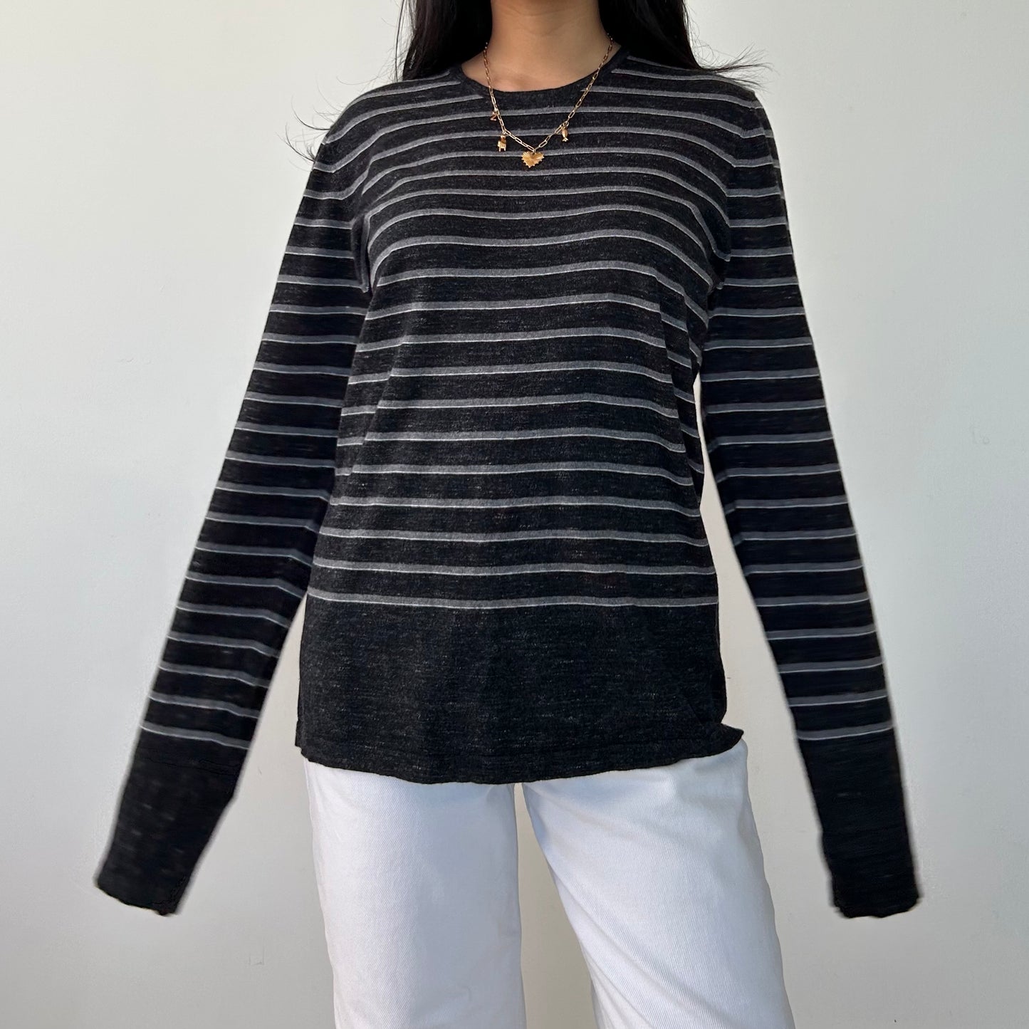 Vince Striped Cashmere Blend Long Sleeve Crewneck Top - Medium