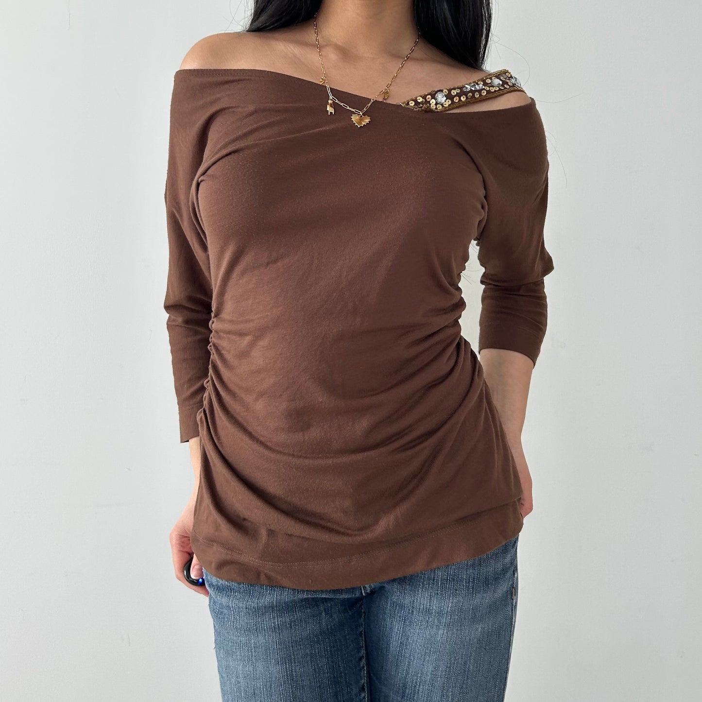 Guess Made in USA Brown Asymmetric Off Shoulder Top - Medium