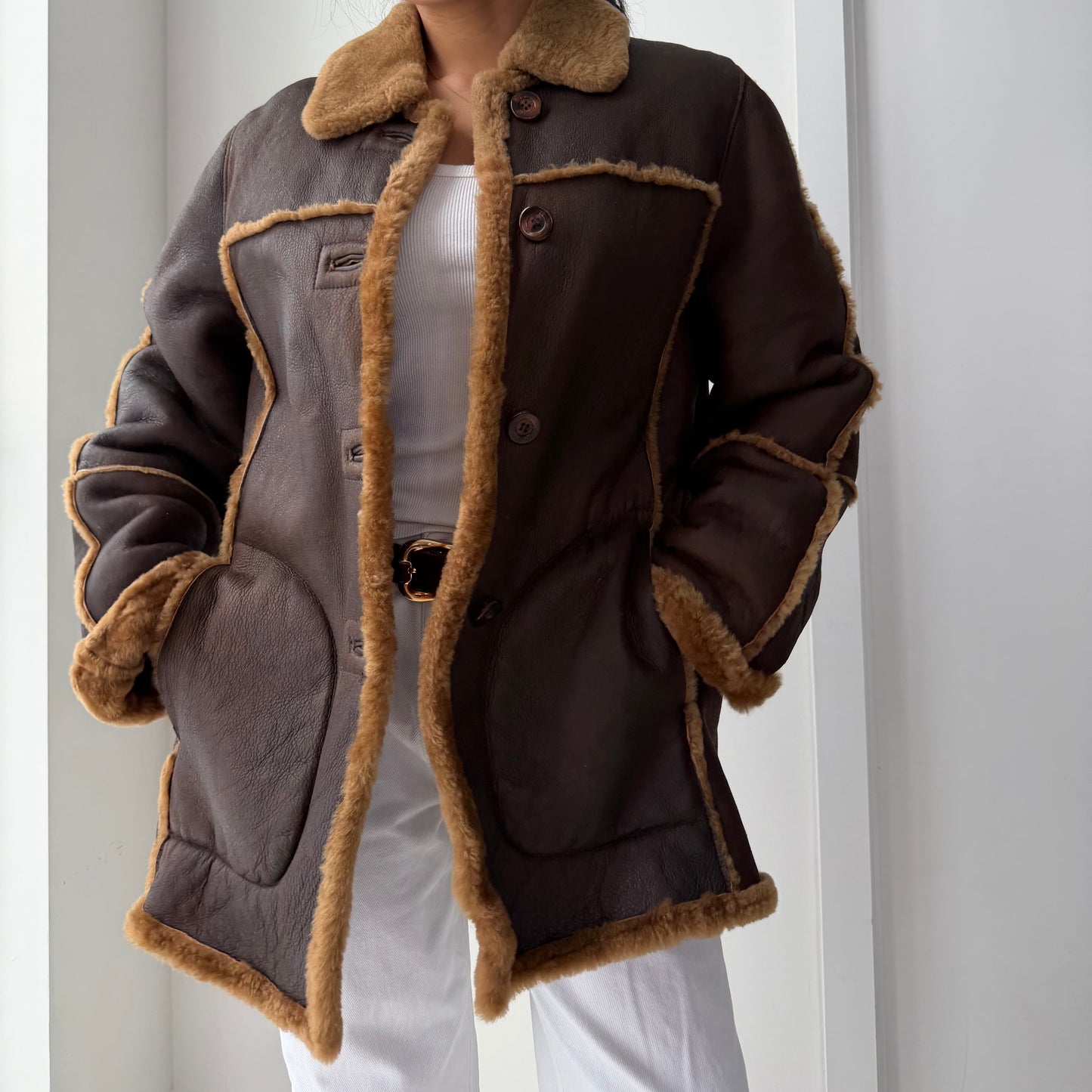 Early 2000s Utex Genuine Leather & Shearling Aviator Coat - Medium