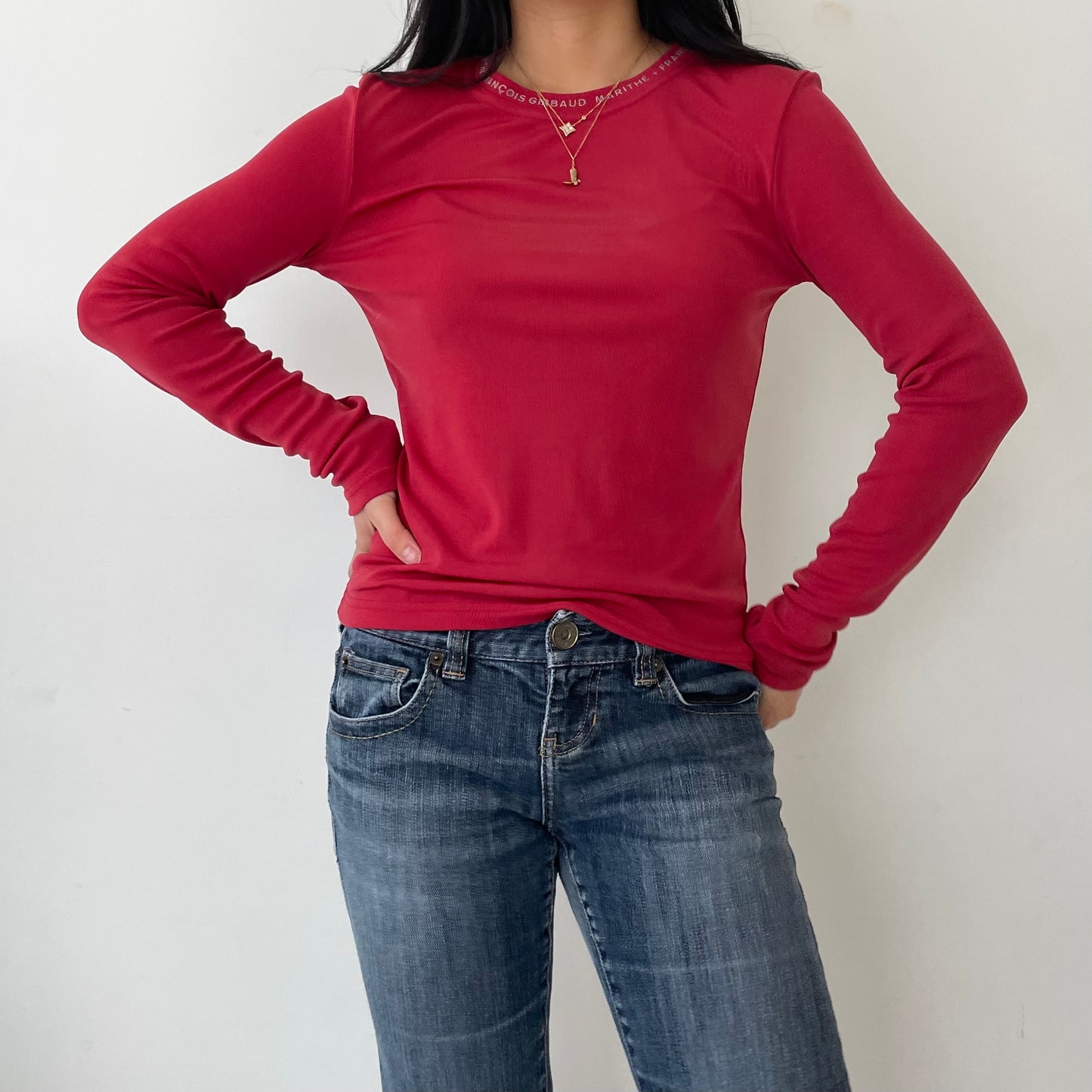 Marithé + Francois Girbaud Red Long Sleeve Mesh Top - Medium