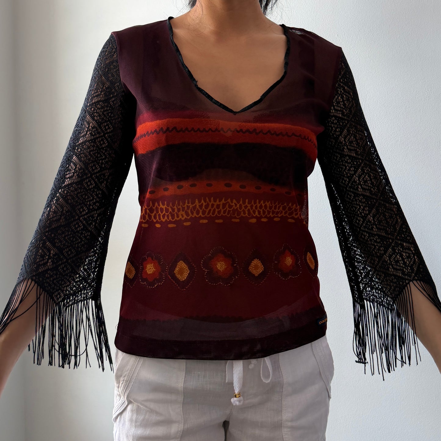 Parasuco Burgundy and Black Fringe Sleeve Mesh Top - Medium