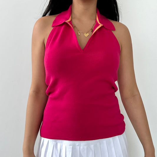 Pink Collared Backless Halter Vest - Small