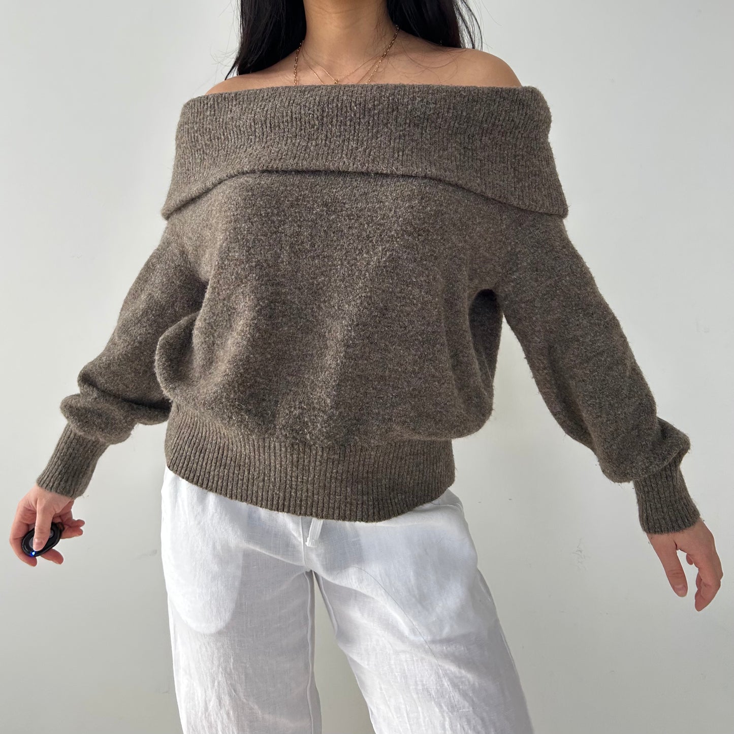 Grey Off Shoulder Knit Sweater - Small