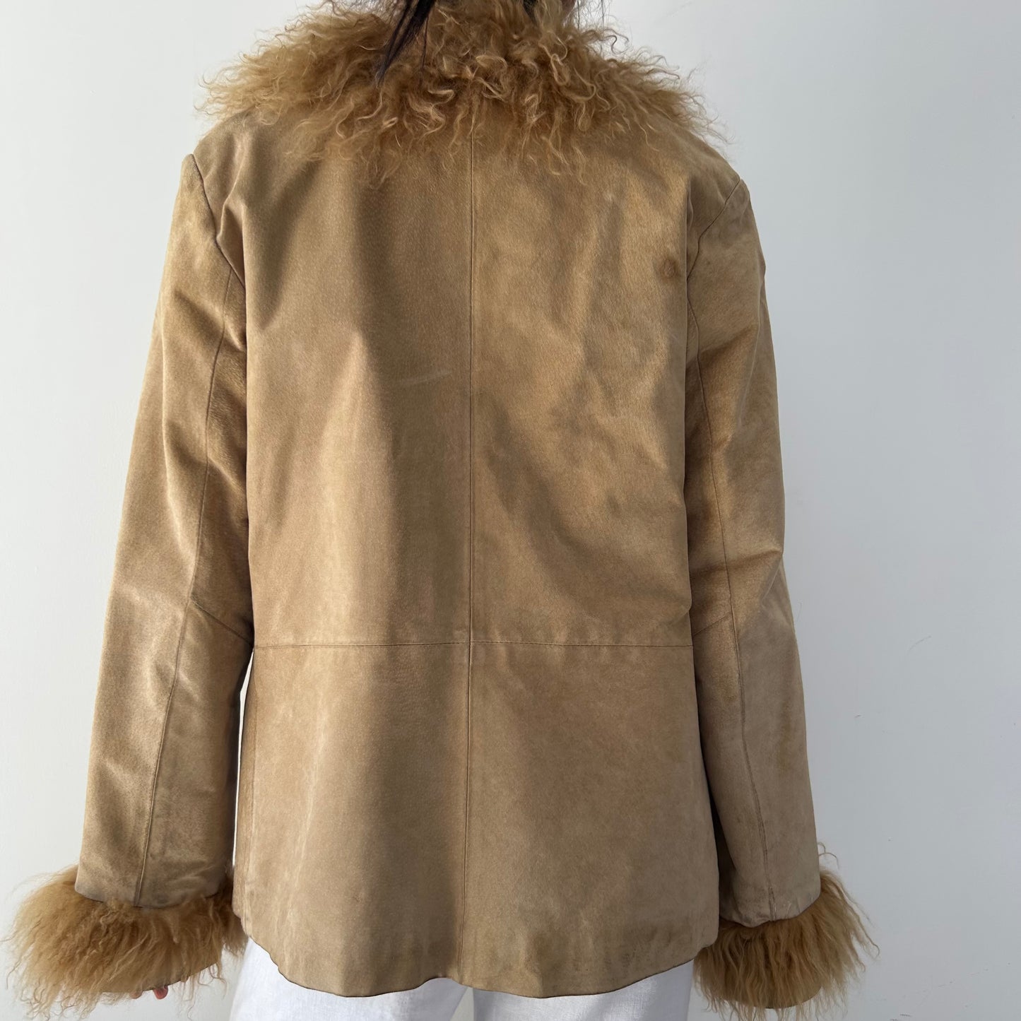Express Brown Suede and Mongolian Fur Trim Coat - Medium