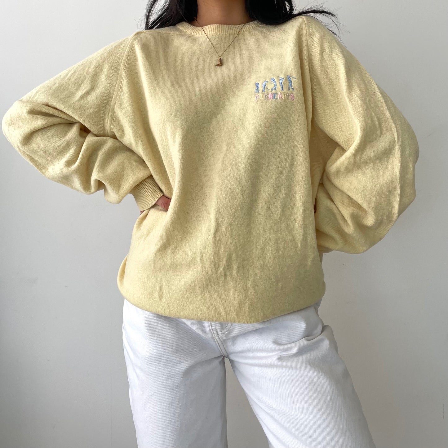 Vintage 1980s Burberrys Butter Yellow Lambswool Crewneck Sweater - X-Large