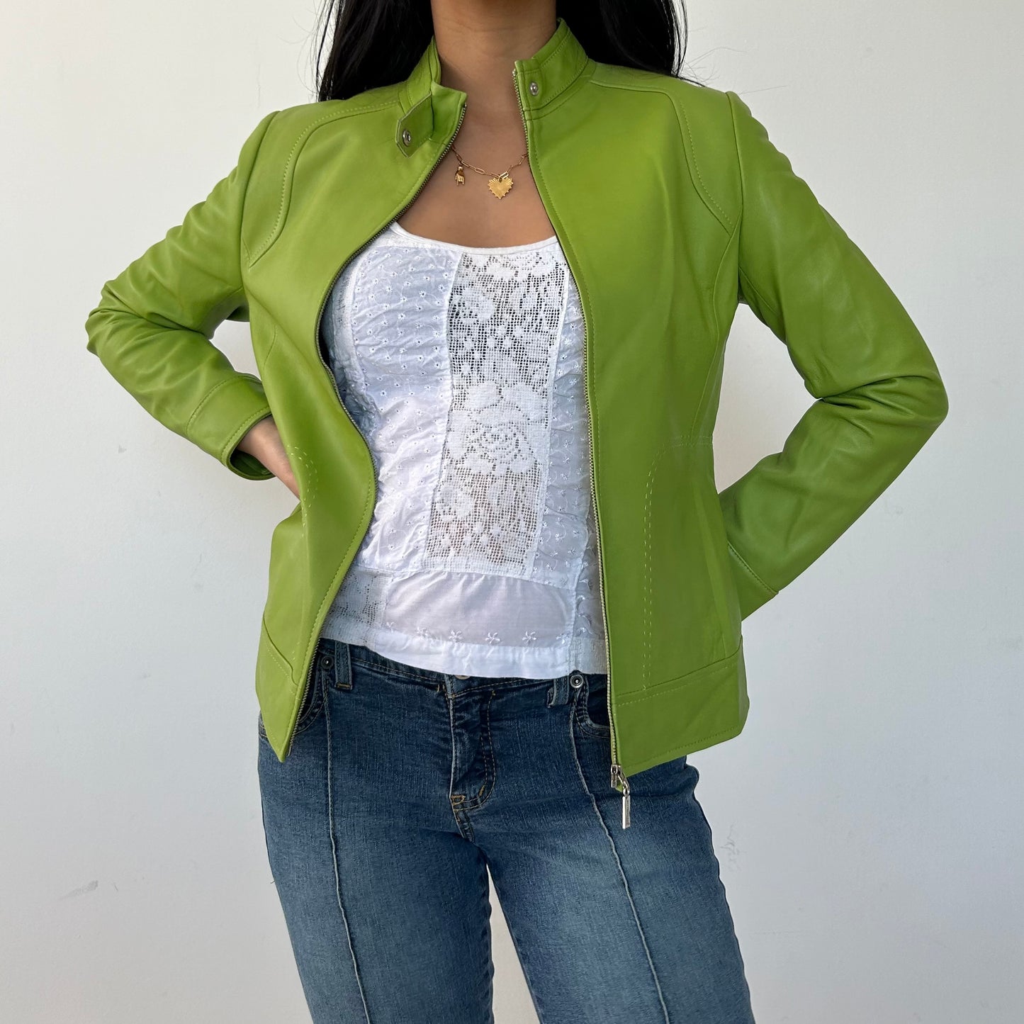 Lime Green Lambskin Leather Racing Jacket - X-Small