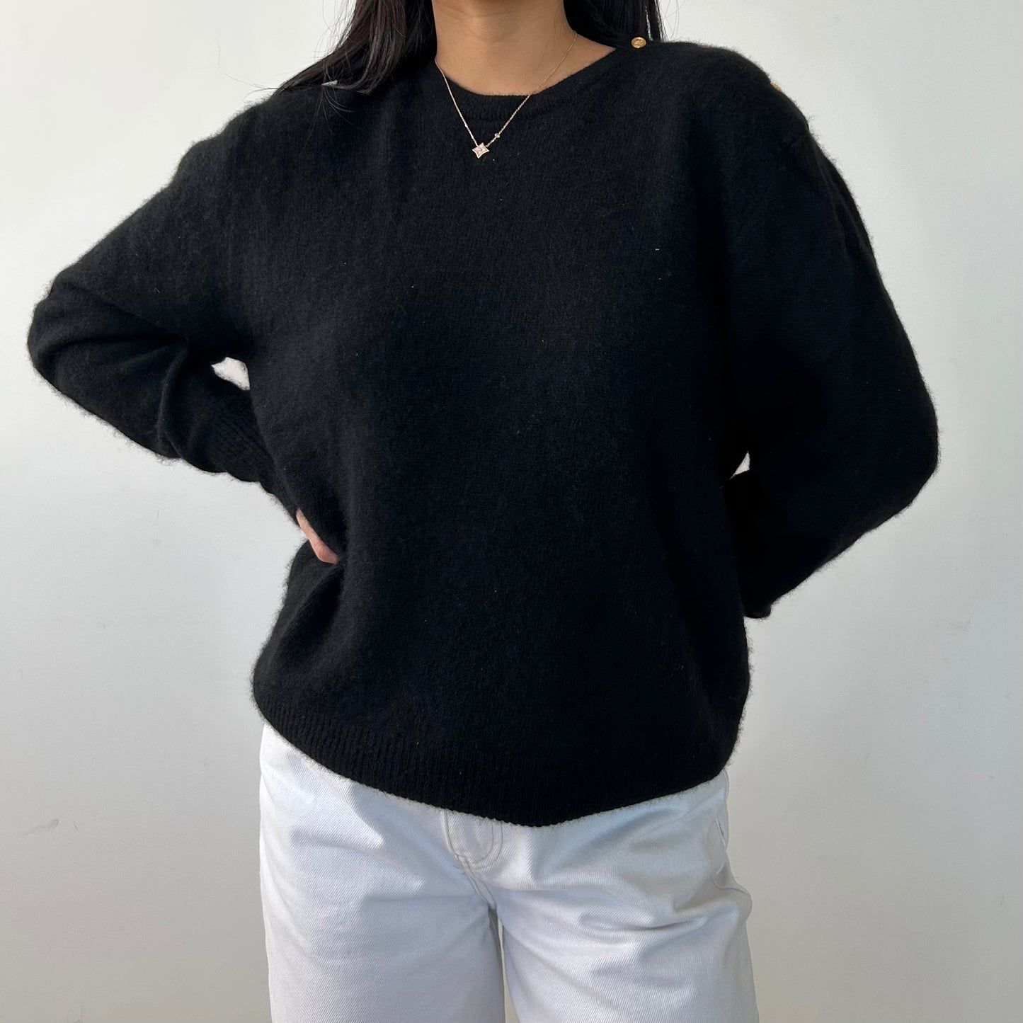 Vintage 1990s Neiman Marcus Black Cashmere Crewneck Knit Jumper with Gold Buttons - Large