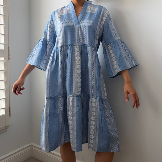 Lemonwood Blue and White Long Sleeve Tiered Dress - Small