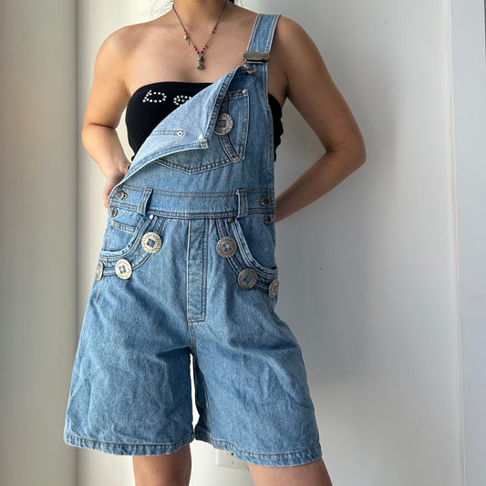 Concho Button Denim Short Overalls - Small