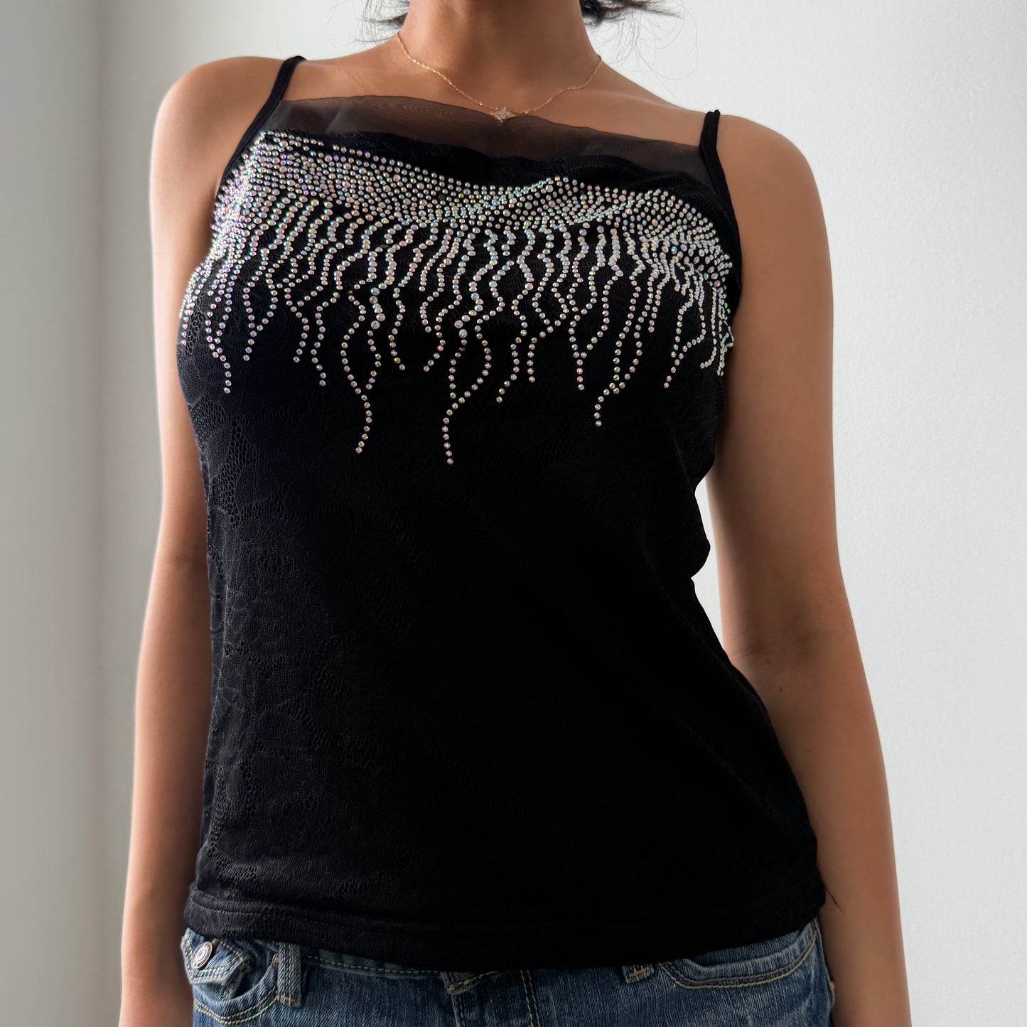 Black Mesh Embellished Tank Top - Small